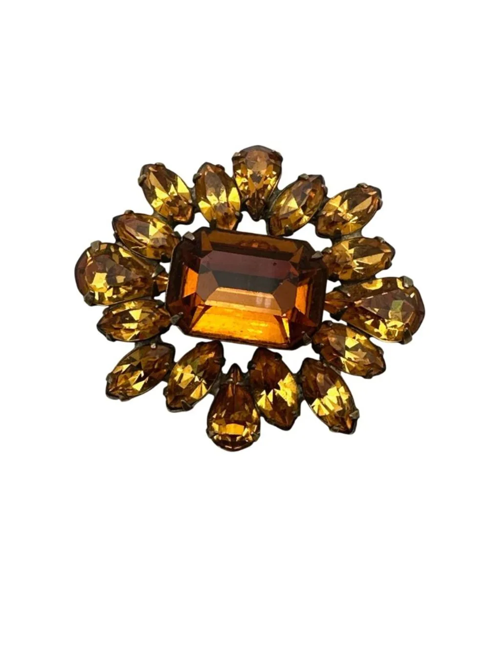 Vintage Unsigned Schreiner New York Brooch Pin Amber Glass Rhinestone